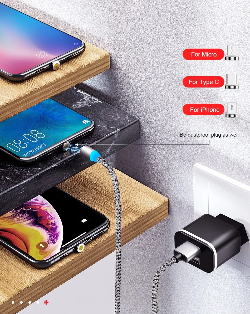 Синий магнитный USB-кабель 3 в 1 с 3-мя разъемами microusb, type C, Lightning, 3 цвета
