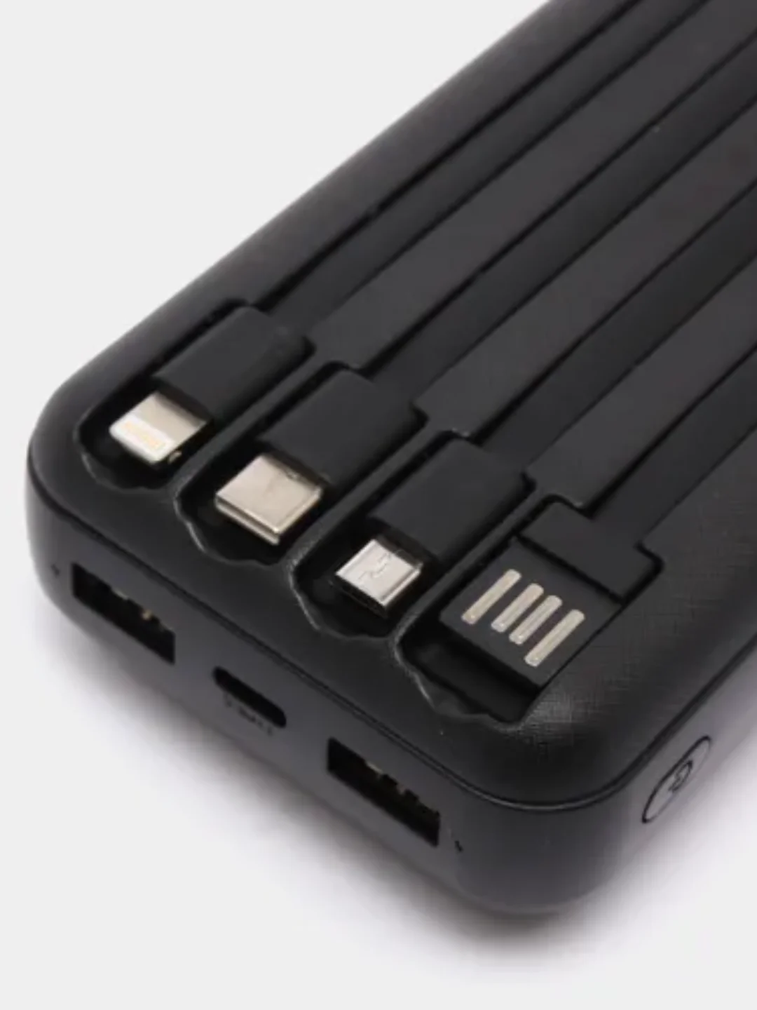 Черный внешний аккумулятор Power Bank с беспроводной зарядкой и встроенными кабелями