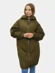 Хаки куртка женская зимняя стеганая с капюшоном, пуховик длинный и теплый