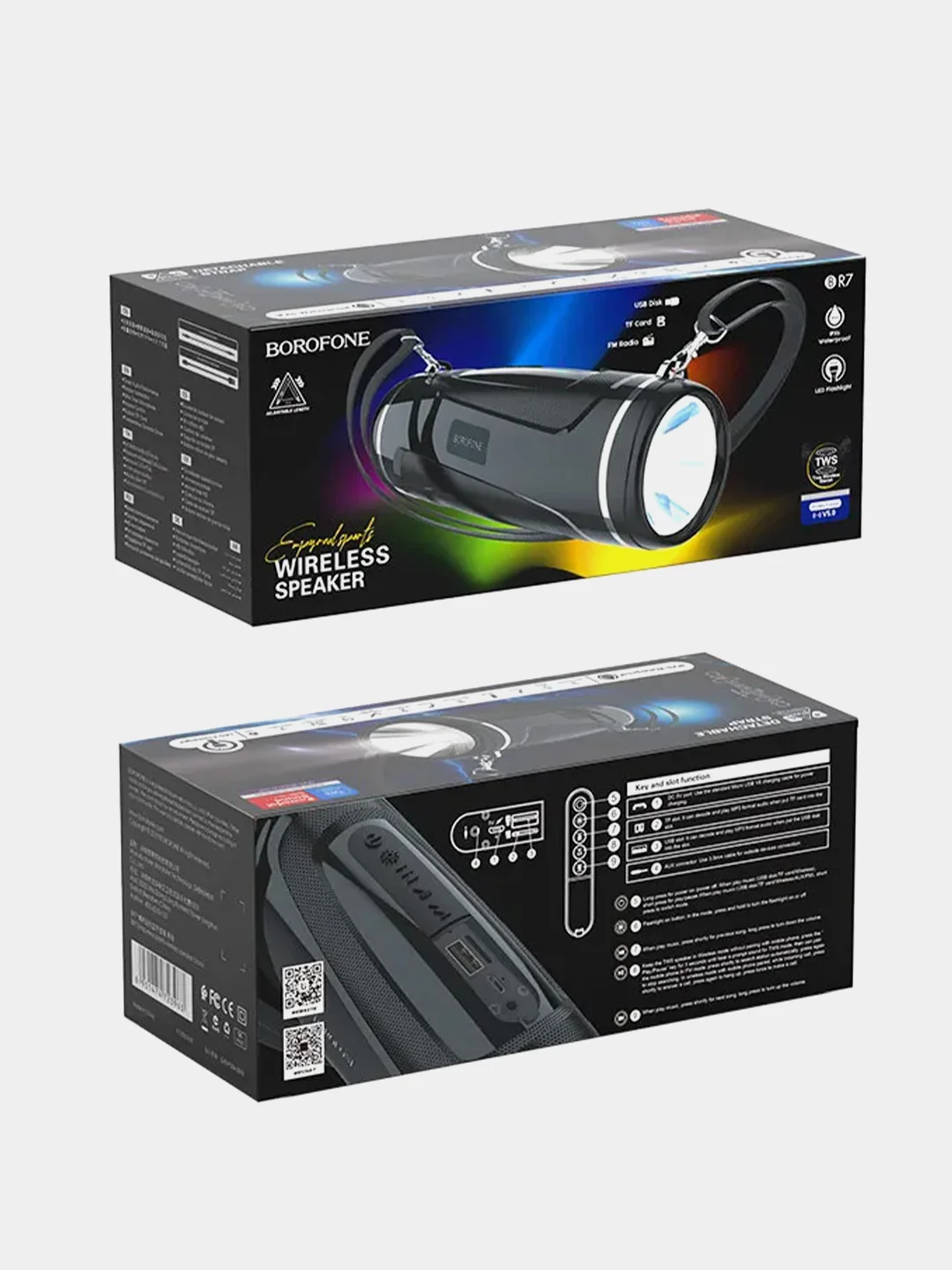 Черный беспроводная колонка портативная, Borofone BR7, 2 динамика с LED фонариком, 1200 mAh