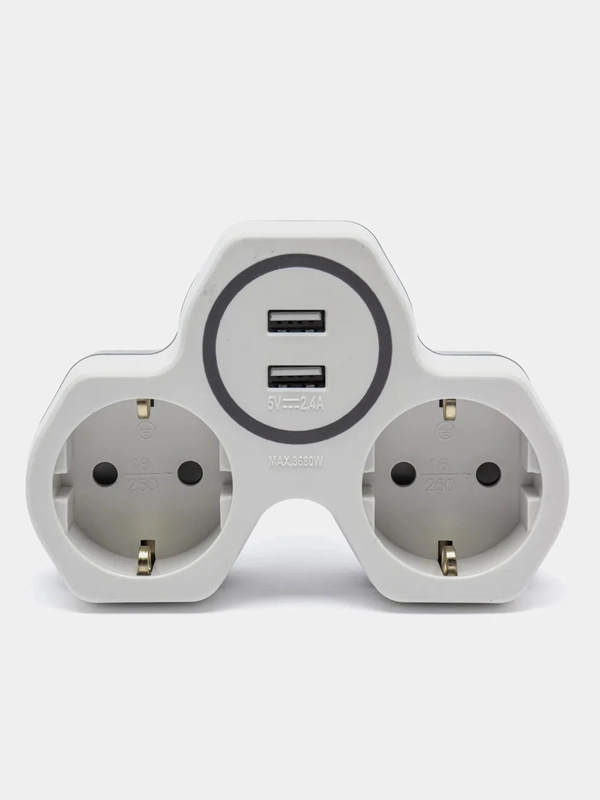 Cетевой разветвитель на два выхода с заземляющим контактом и двумя USB выходами 250V. 16A
