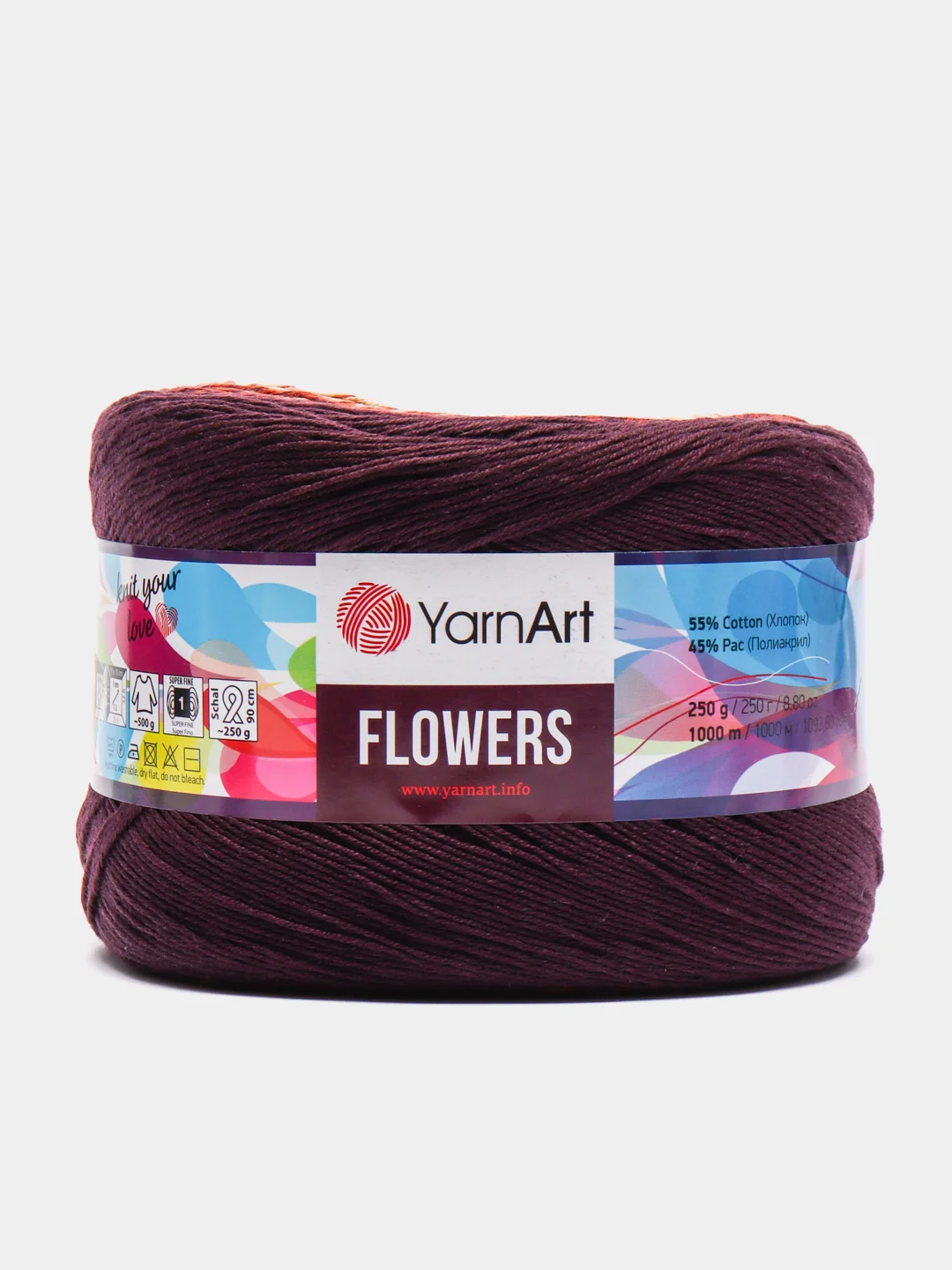 Марсала пряжа YarnArt Flowers 55% Хлопок 45% Полиакрил 250г 1000м, 1 моток