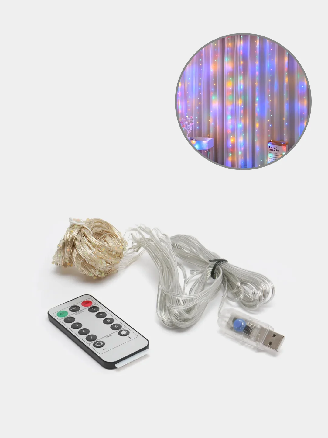 Прозрачный гирлянда-штора занавес 3х3 м LED с пультом и крючками для подвешивания