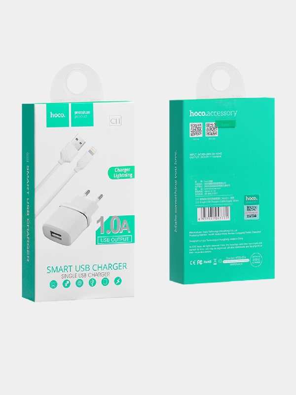 Зарядное устройство Hoco C11, 1 USB, с кабелем Lightning, 1.0 A