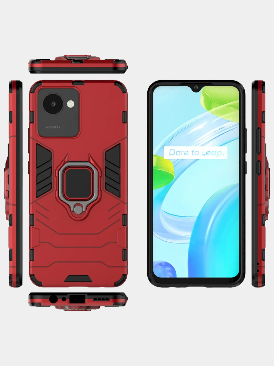 Красный чехол противоударный с кольцом-держателем на Realme C30