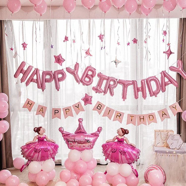 Розовый набор воздушных фольгированных шаров "Happy Birthday", набор шаров "С Днем Рождения"