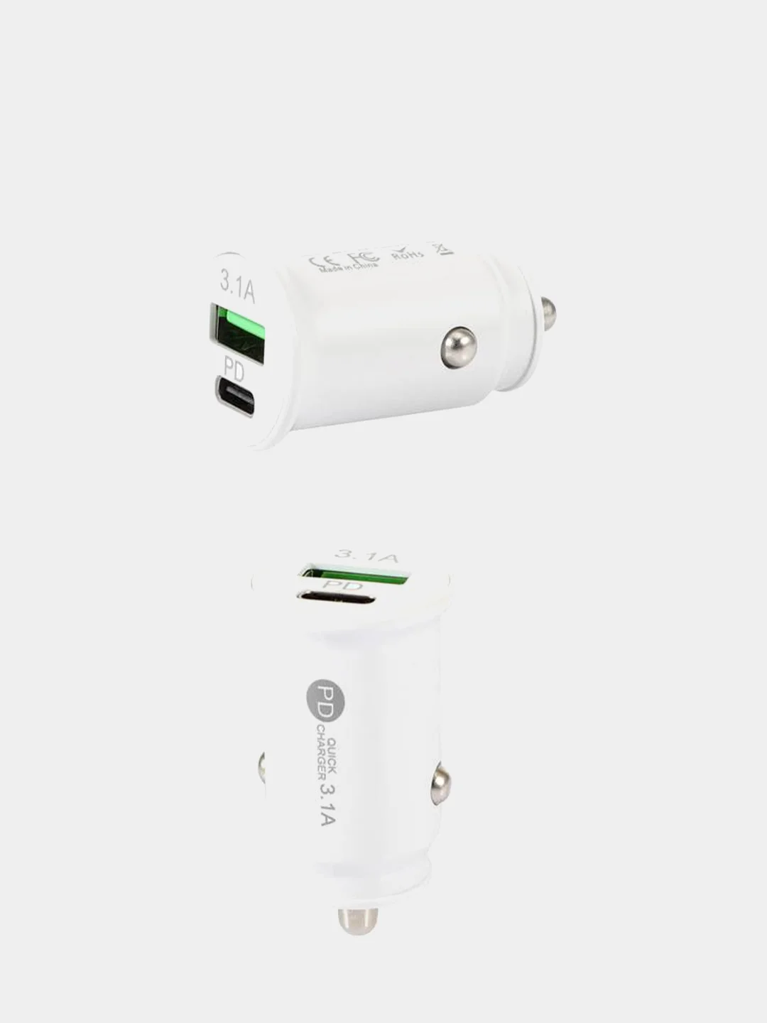 Белый автомобильное зарядное устройство в прикуриватель, Type-c USB 3,1А / зарядник телефона