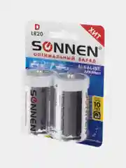 Батарейки КОМПЛЕКТ 2 шт, SONNEN Alkaline,  D (LR20, 13А), алкалиновые, блистер, 451091