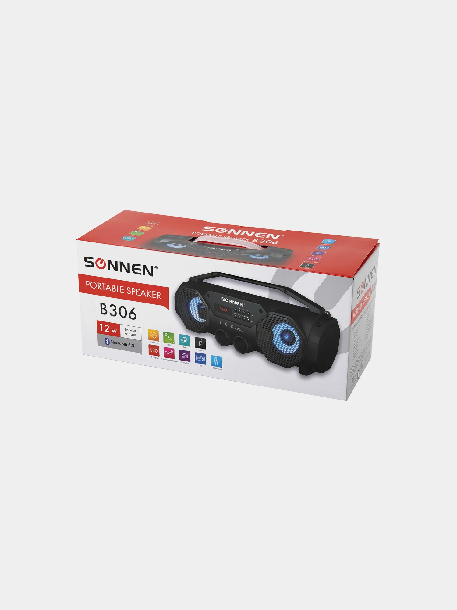 Колонка портативная с подсветкой SONNEN B306, 12 Вт, Bluetooth, FM-тюнер, microSD, черная