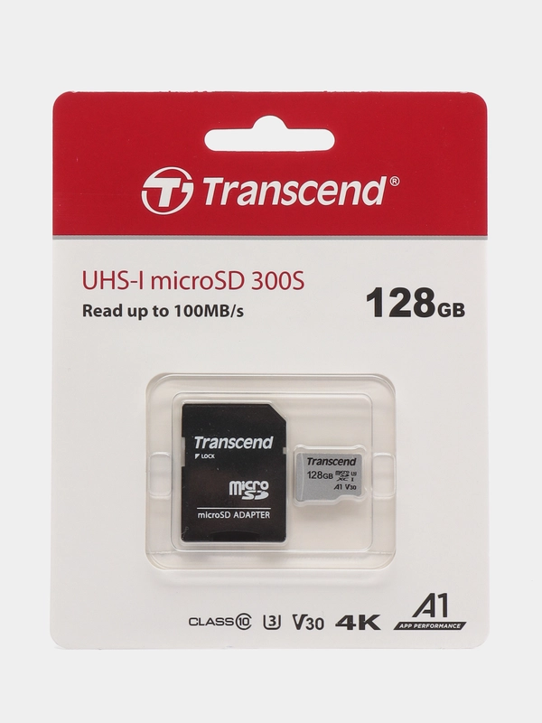 Карта памяти с адаптером Transcend microSD 300S Class 10 (U1 / A1), память 100MB/s