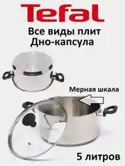 Серебряный кастрюля со стеклянной крышкой Tefal, для индукционной плиты, 24 см, 5 л