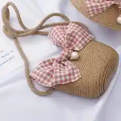 Бежевый меланж шляпа детская с сумочкой, соломенная