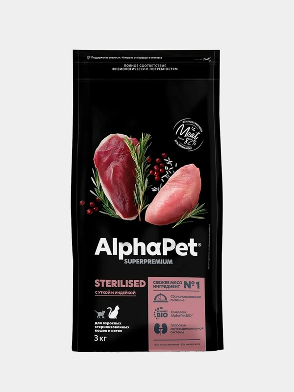 Сухой корм AlphaPet Superpremium для стерилизованных кошек и котов, утка и индейка, 3 кг