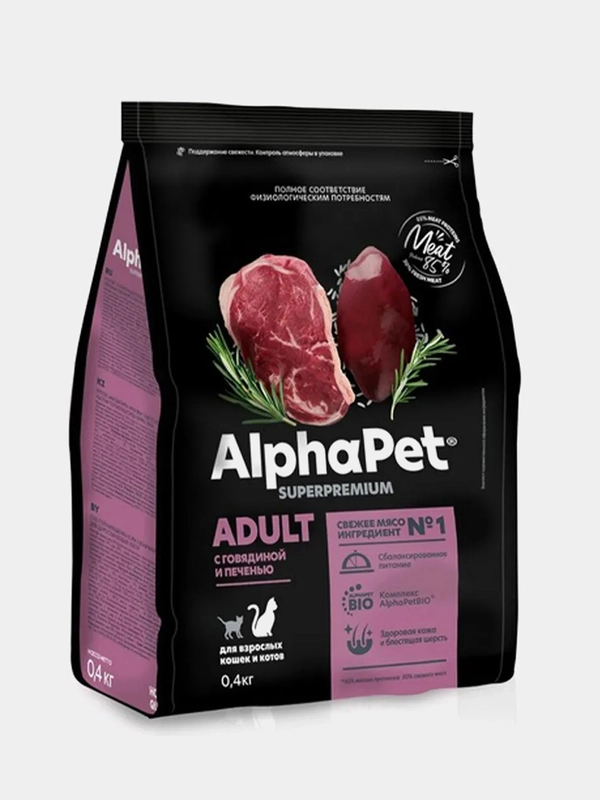 Сухой корм AlphaPet Superpremium, для взрослых кошек, с говядиной и печенью, 0,4 кг
