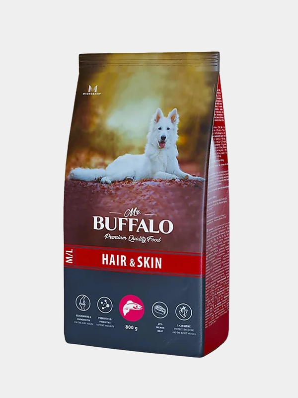 Корм сухой Mr.Buffalo для собак, для здоровой кожи и шерсти, с лососем, 800 г