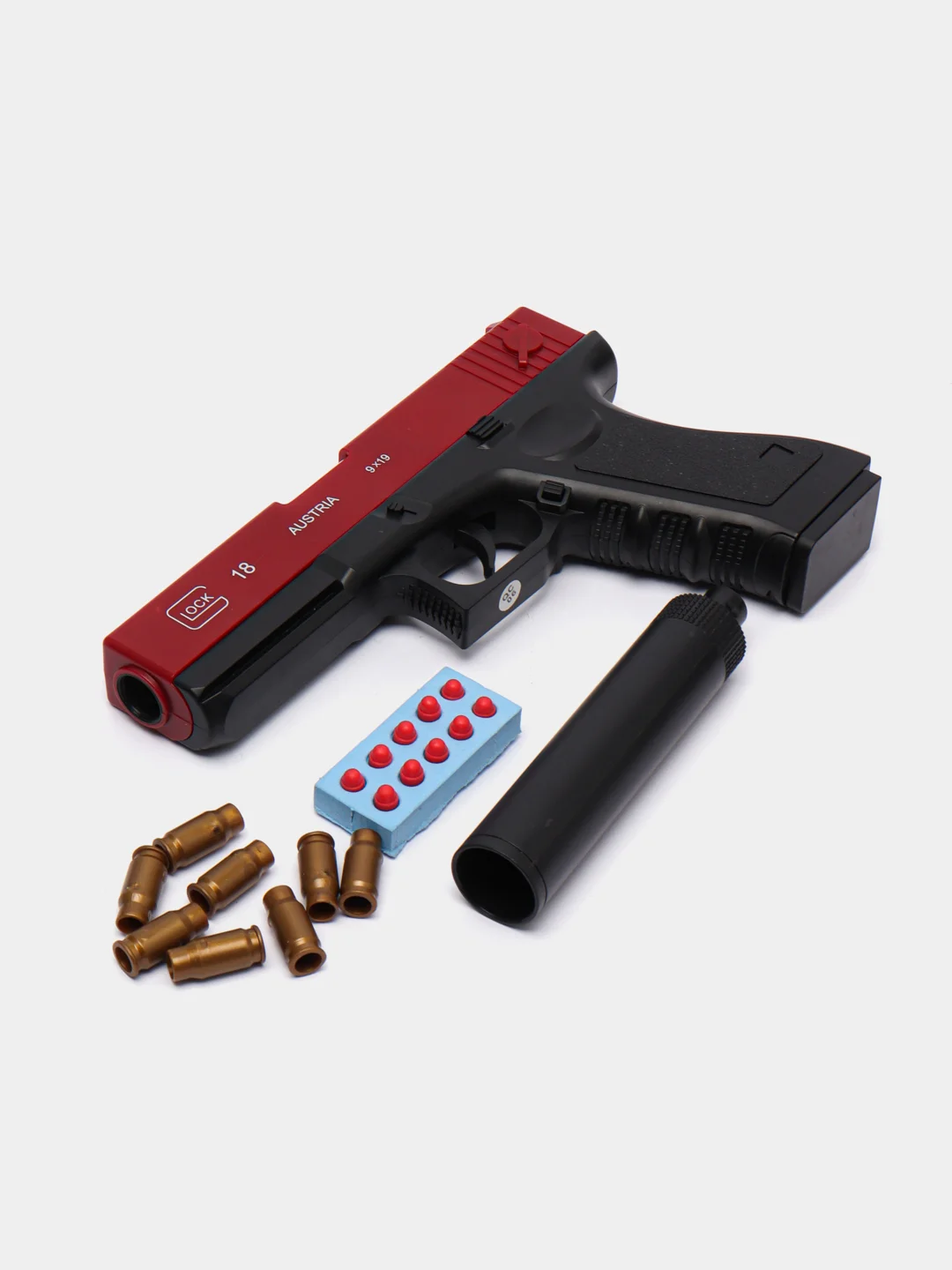 Красный пистолет игрушечный перезаряжаемый Glock с глушителем, оружие, подарок на 23 февраля