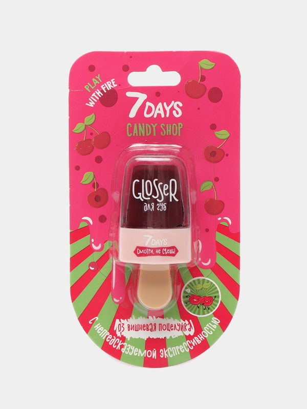 7DAYS Блеск для губ с блестками, "Вишневая поцелуйка" Candy Shop Lip Glosser / 03, 6 мл