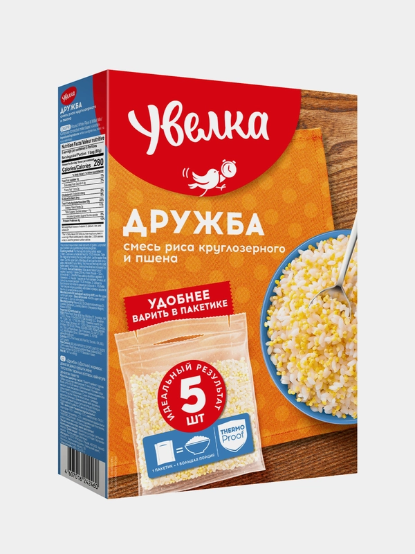 Смесь круп Увелка "Дружба", рис круглозерный и пшено шлифованное, 5 х 80 г