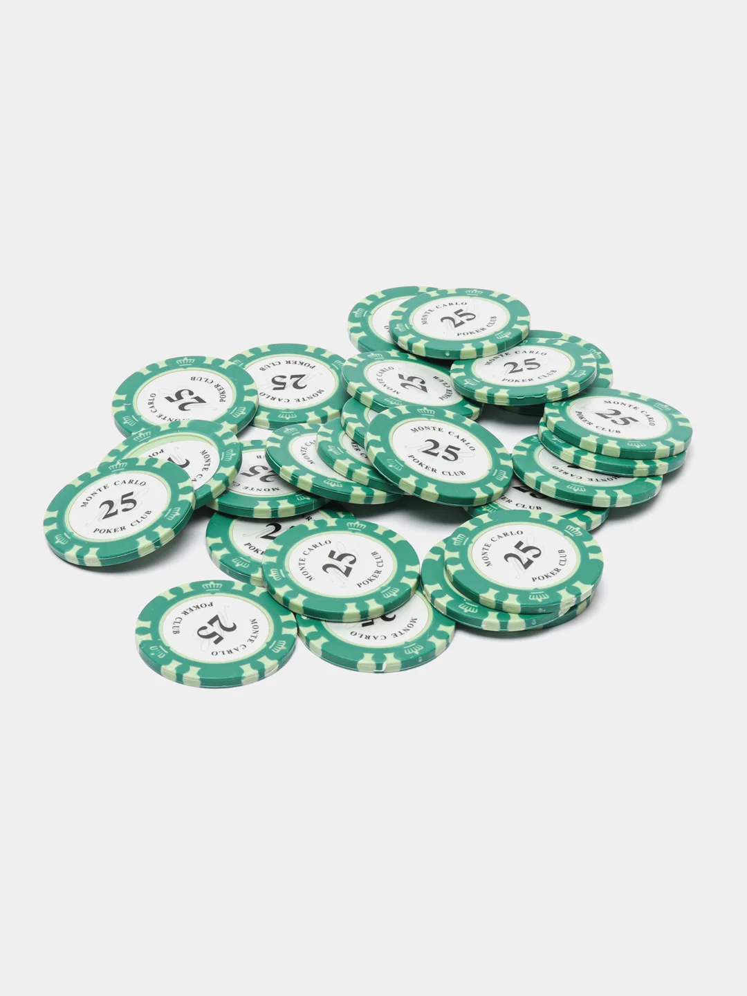 Зеленый фишки для покера Monte Carlo 14 грамм, номинал 1, 5, 10, 25, 50, 100, 500, 1000 по 25 штук