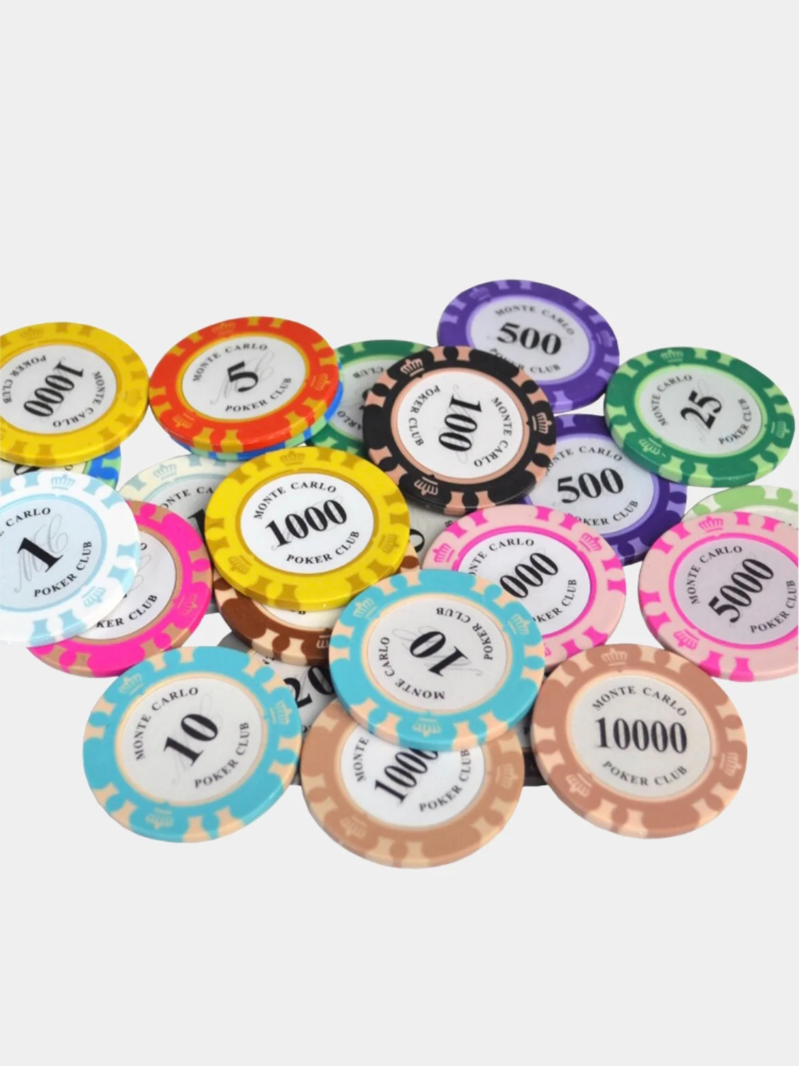 Белый фишки для покера Monte Carlo 14 грамм, номинал 1, 5, 10, 25, 50, 100, 500, 1000 по 25 штук