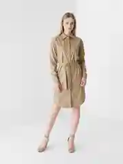 Бежевый платье, из эко кожи, с длинным рукавом