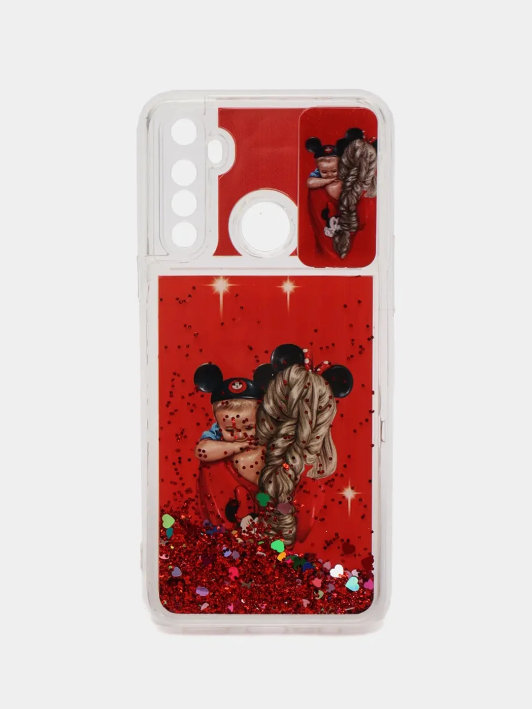 Красный чехол Realme C3 / 5 / 6i силиконовый переливающийся жидкий с блестками и защитой камеры