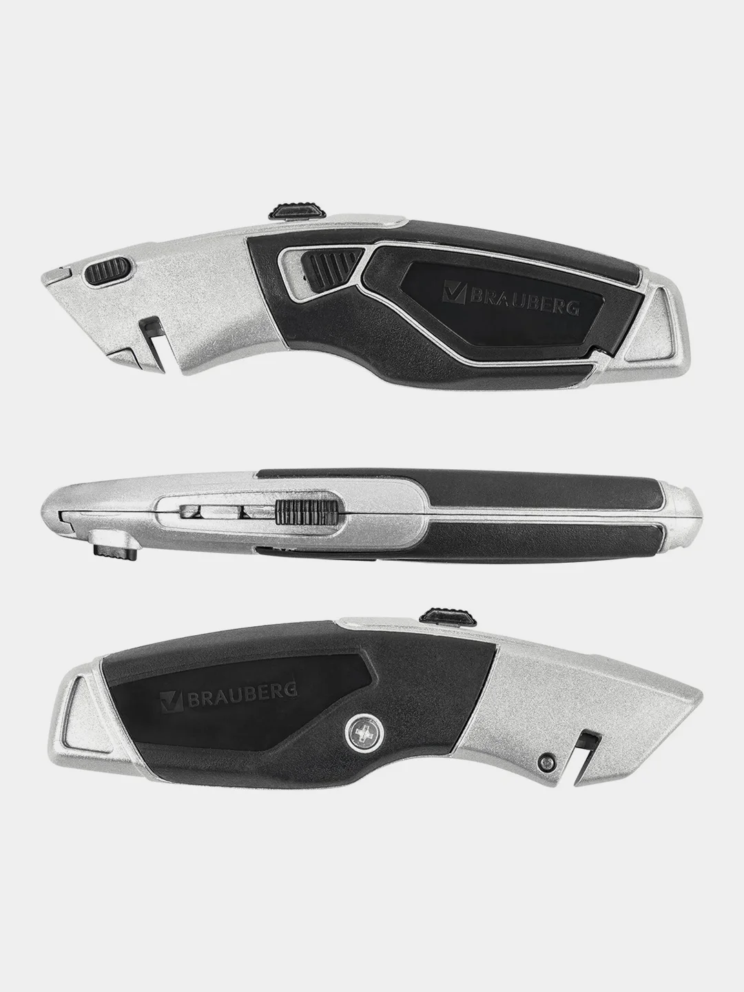 Нож мощный BRAUBERG "Professional", 4 лезвия в комплекте, автофиксатор, металл, 237160