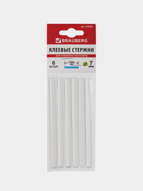 Клеевые стержни, диаметр 7 мм, длина 100 мм, прозрачные, 6 шт., BRAUBERG, 670291