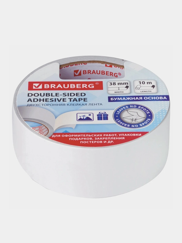Клейкая двухсторонняя лента BRAUBERG, бумажная основа, 38 мм х 10 м, 229056