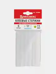 Клеевые стержни BRAUBERG, 11 мм х 100 мм, белые, европодвес, 6 штук, 670298