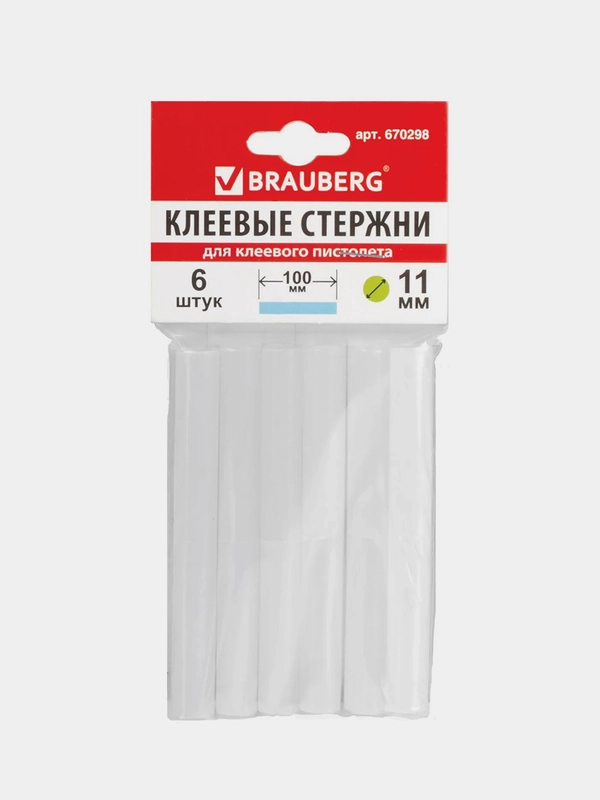 Клеевые стержни BRAUBERG, 11 мм х 100 мм, белые, европодвес, 6 штук, 670298