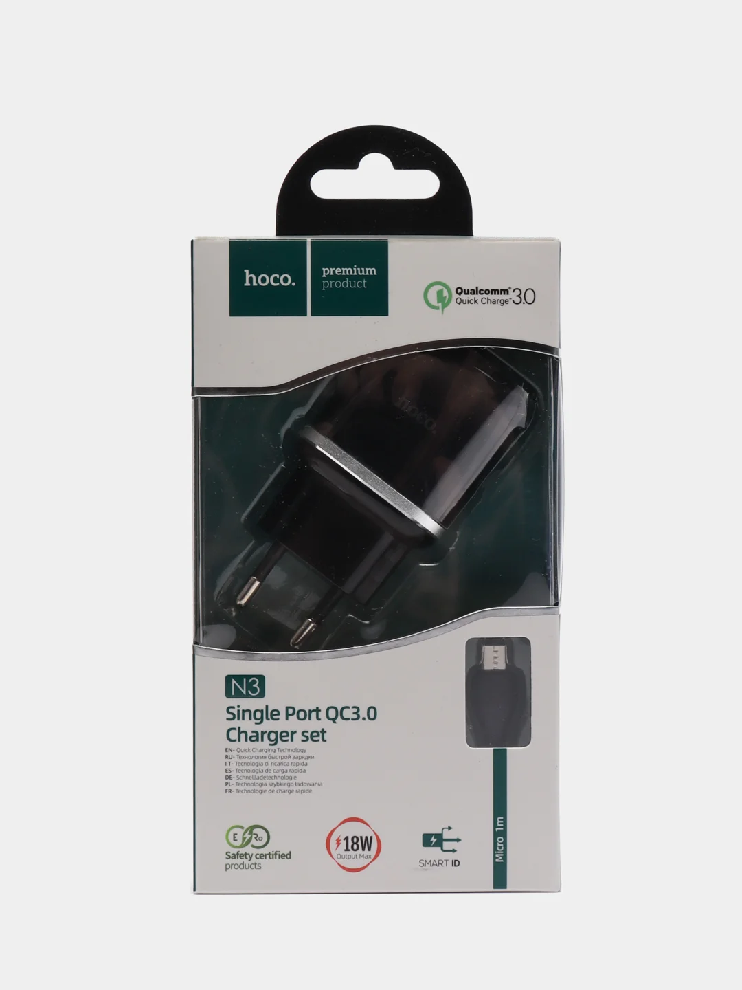 Черный быстрая зарядка, сетевое зарядное устройство 3.0A Hoco N3 с кабелем MicroUSB