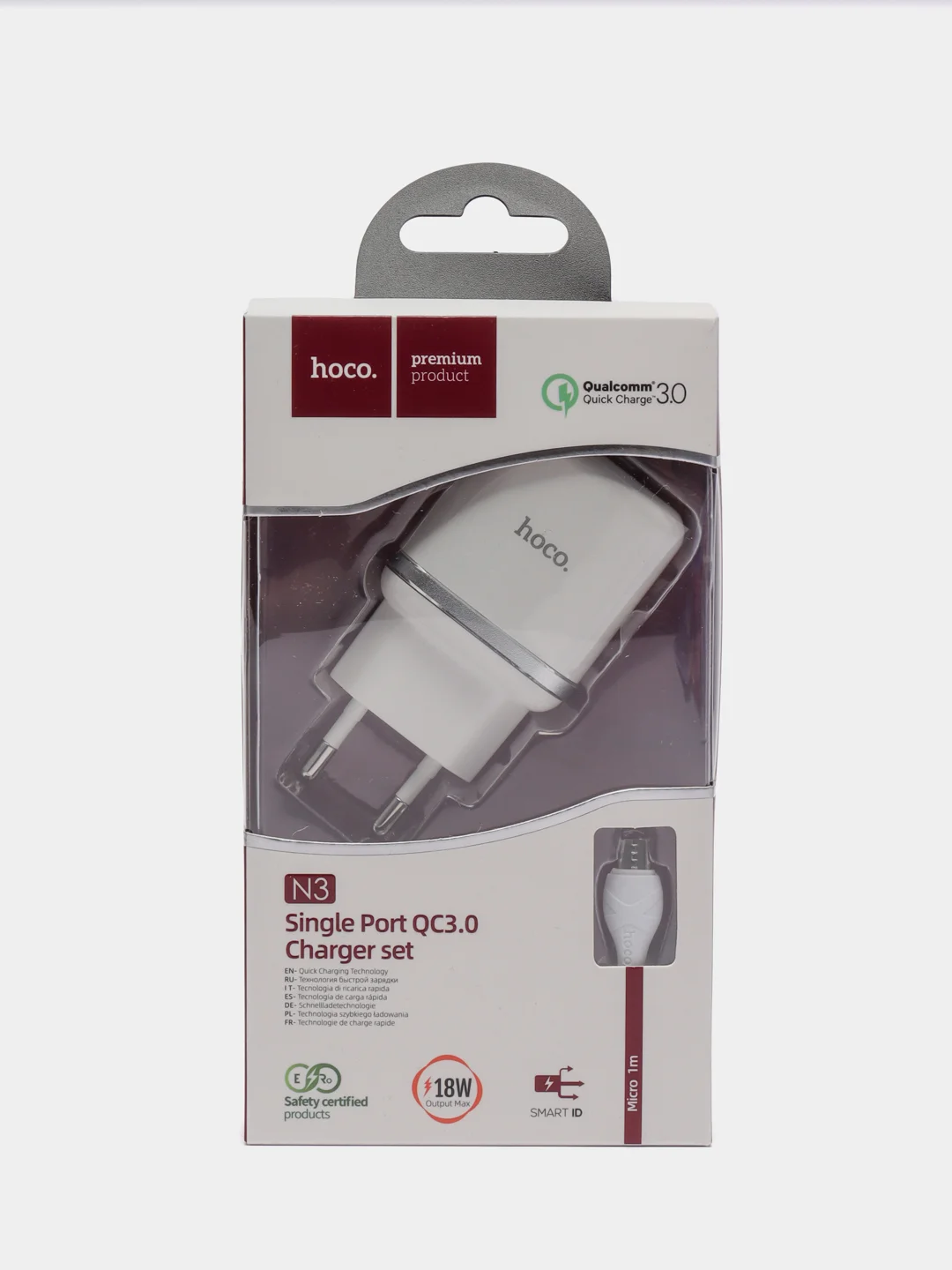 Белый быстрая зарядка, сетевое зарядное устройство 3.0A Hoco N3 с кабелем MicroUSB