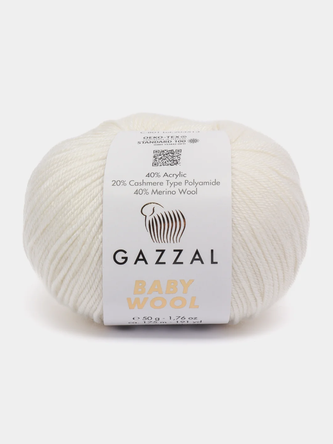 Белый пряжа Gazzal Baby Wool 20%Кашемир 40%Мериносовая шерсть 40%Акрил 50г 175м Газзал беби вул