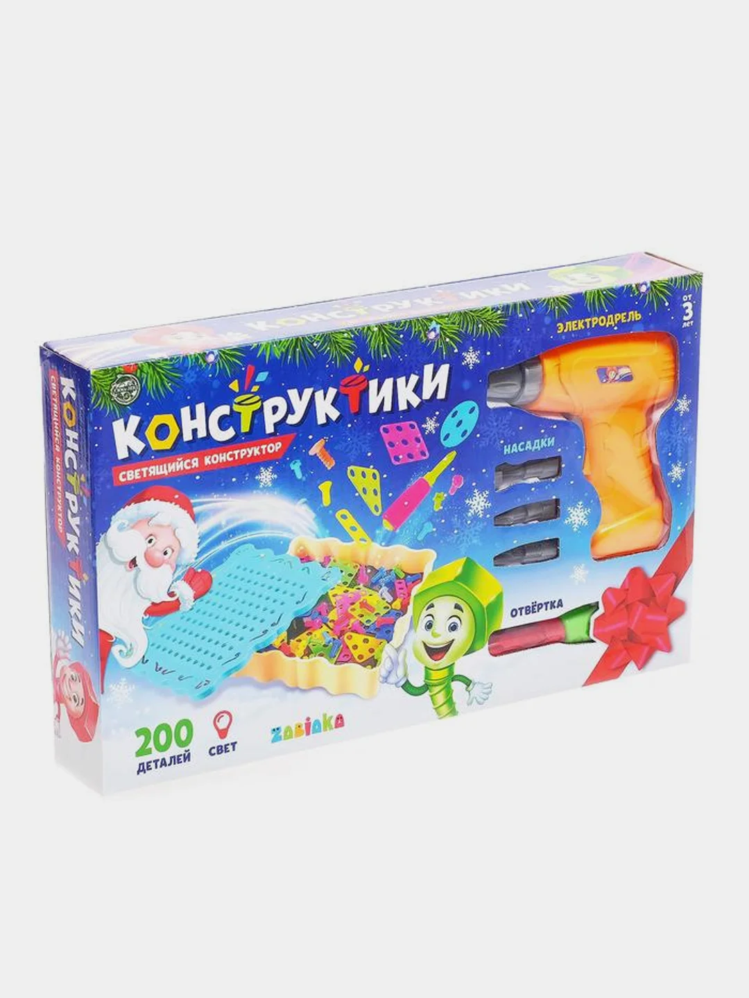 Конструктор винтовая мозаика, с электрическим шуруповертом и подсветкой, 200 деталей