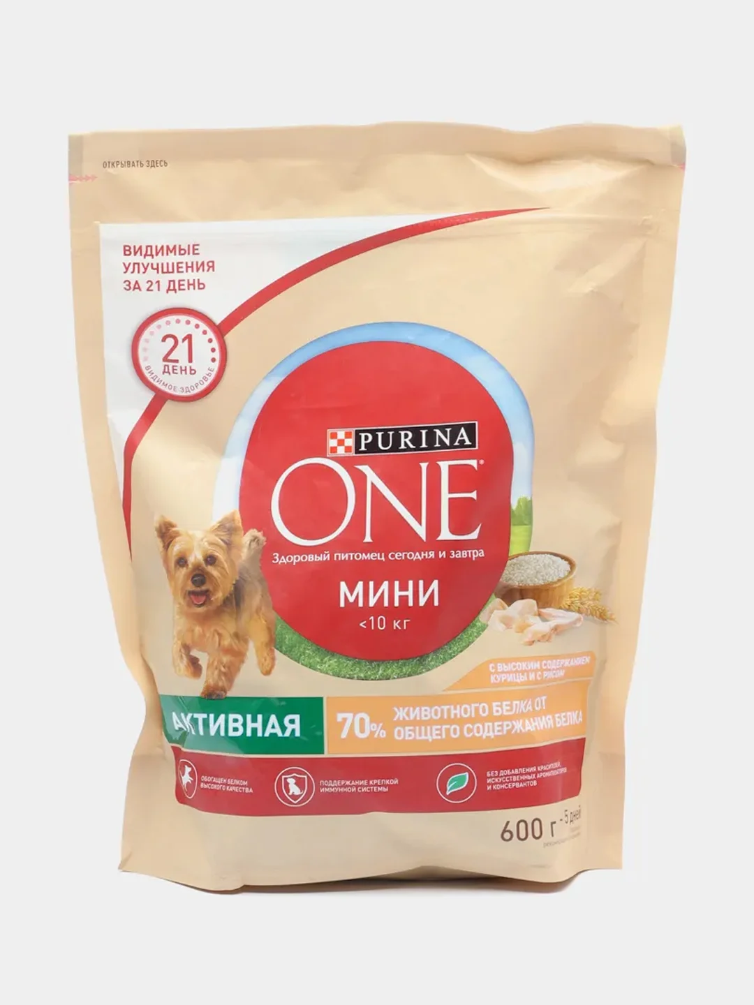 Сухой корм Purina One для собак мелких пород с активным образом жизни, курица и рис, 600 г