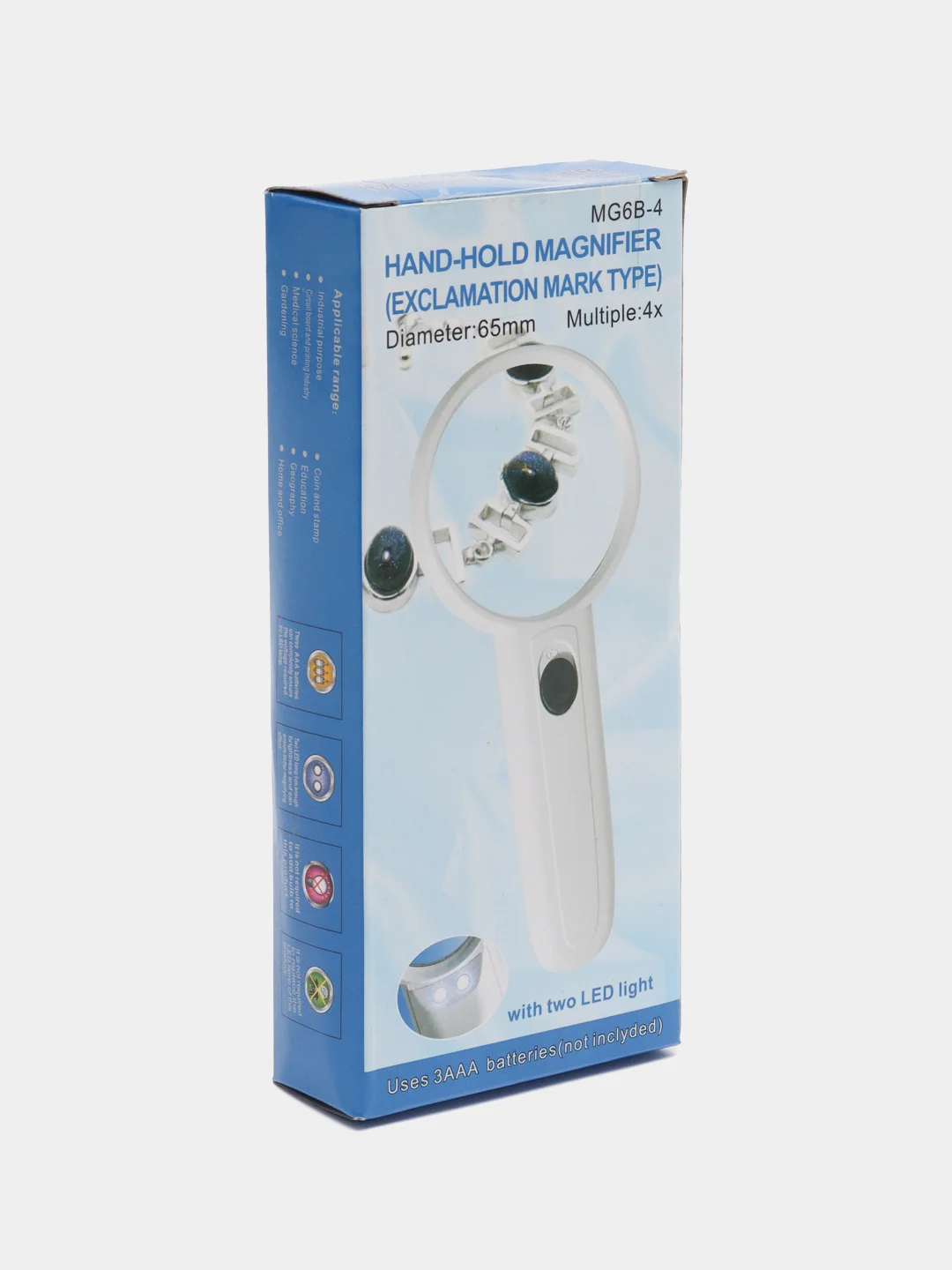 Лупа ручная, круглая, 4х, 65 мм, с подсветкой (2 LED), белая