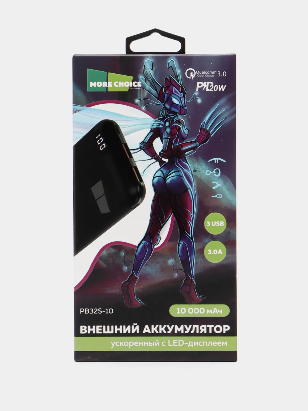 Черный внешний аккумулятор More Choice PB32S-10, 10000 мАч, быстрая зарядка 20 W
