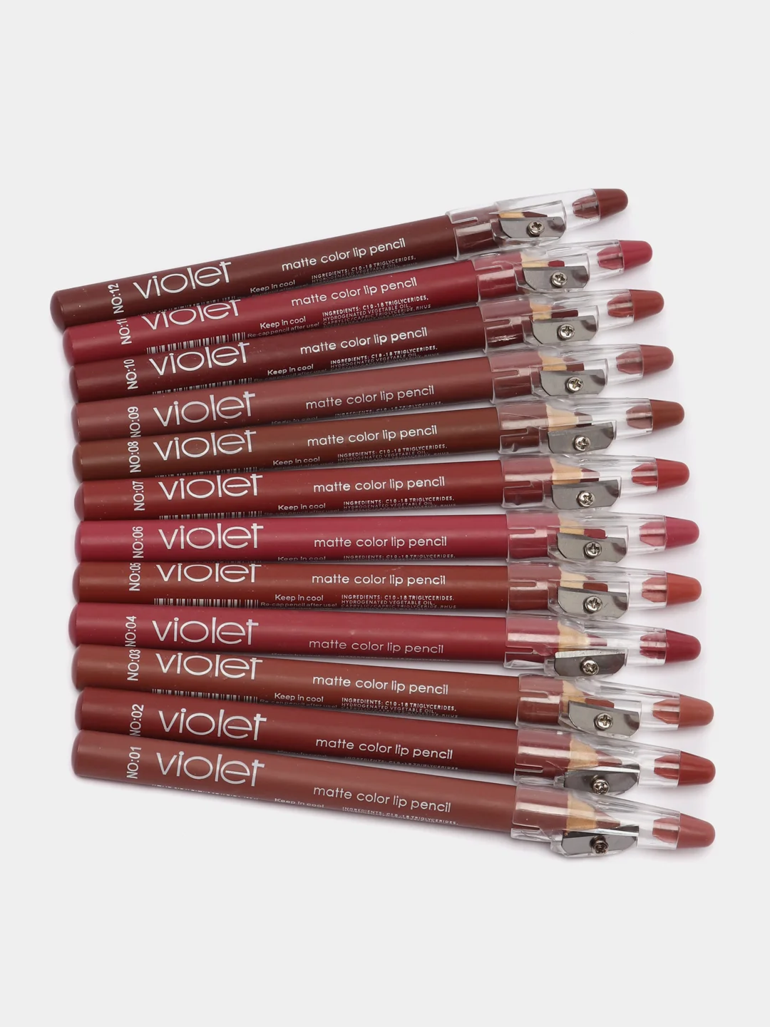 Карандаш-помада для губ Violet, матовый, с точилкой, набор из 12 штук