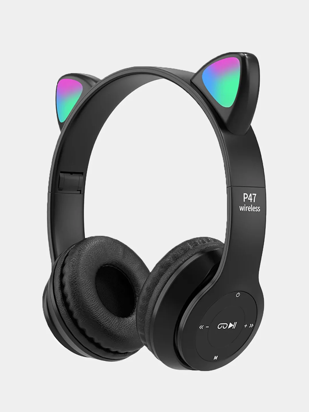 Черный беспроводные Bluetooth наушники, с светящимися ушками и встроенным MP3 плеером