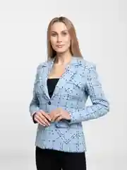 Голубой пиджак женский в клетку, твидовый, прямого кроя, классический, большие размеры