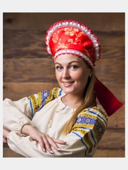Кокошник красный, с узором, атлас, завязка на бант