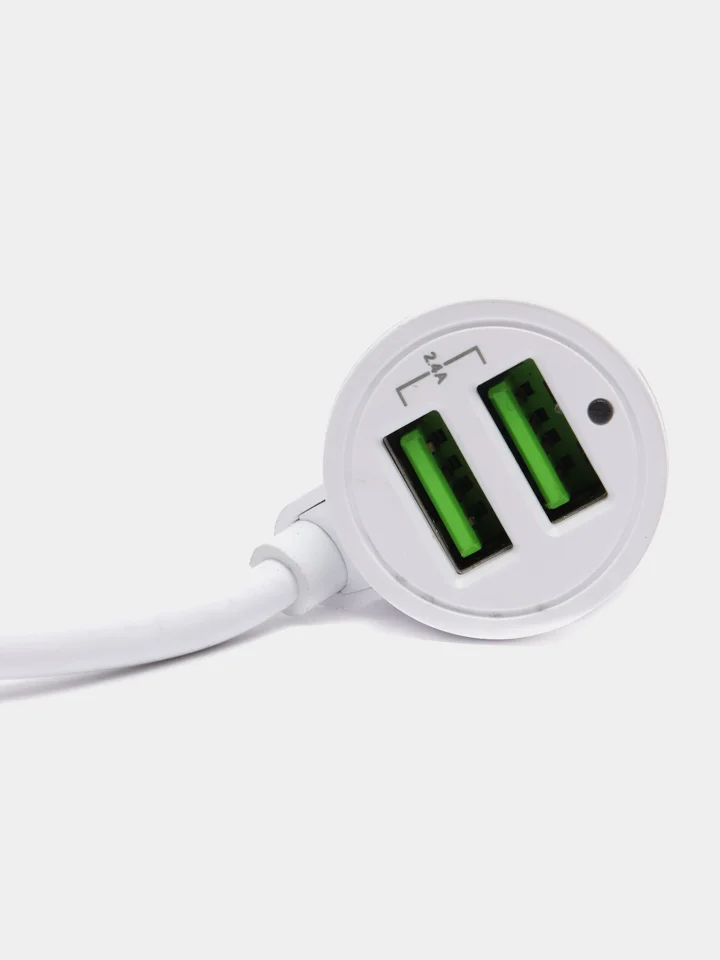 Белый автомобильное зарядное устройство USB с удлинителем 1,6 м, с дополнительными разъемами