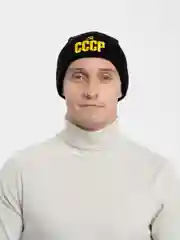 Черный шапка тёплая "СССР", осень-зима, унисекс, вязанная, двуслойная, бесшовная