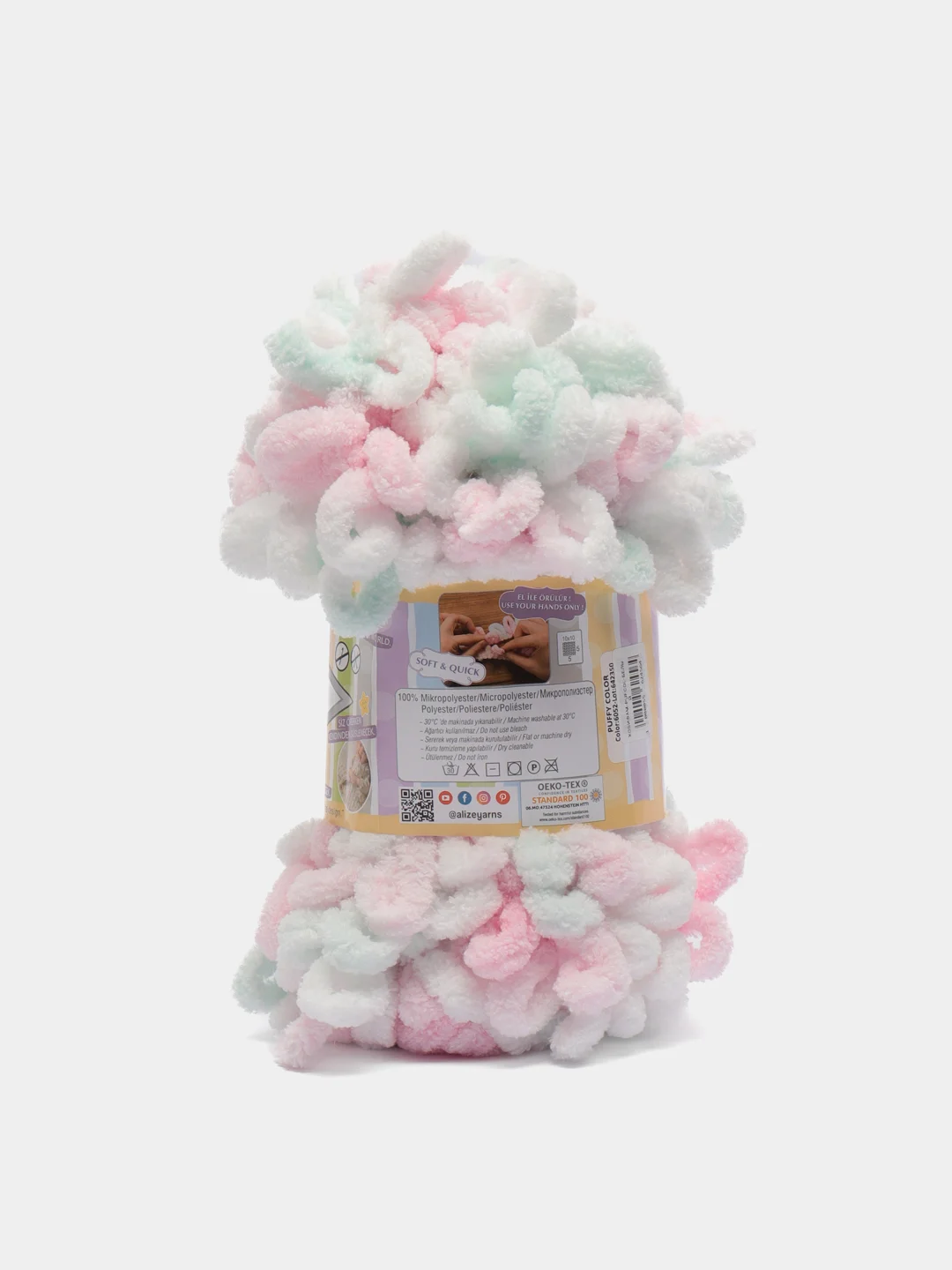 Белый пряжа Alize Puffy Color, петельки большие, 100 г, 9 м