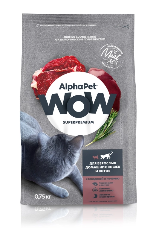 Сухой корм AlphaPet для взрослых домашних кошек и котов, c говядиной и печенью, 750 г