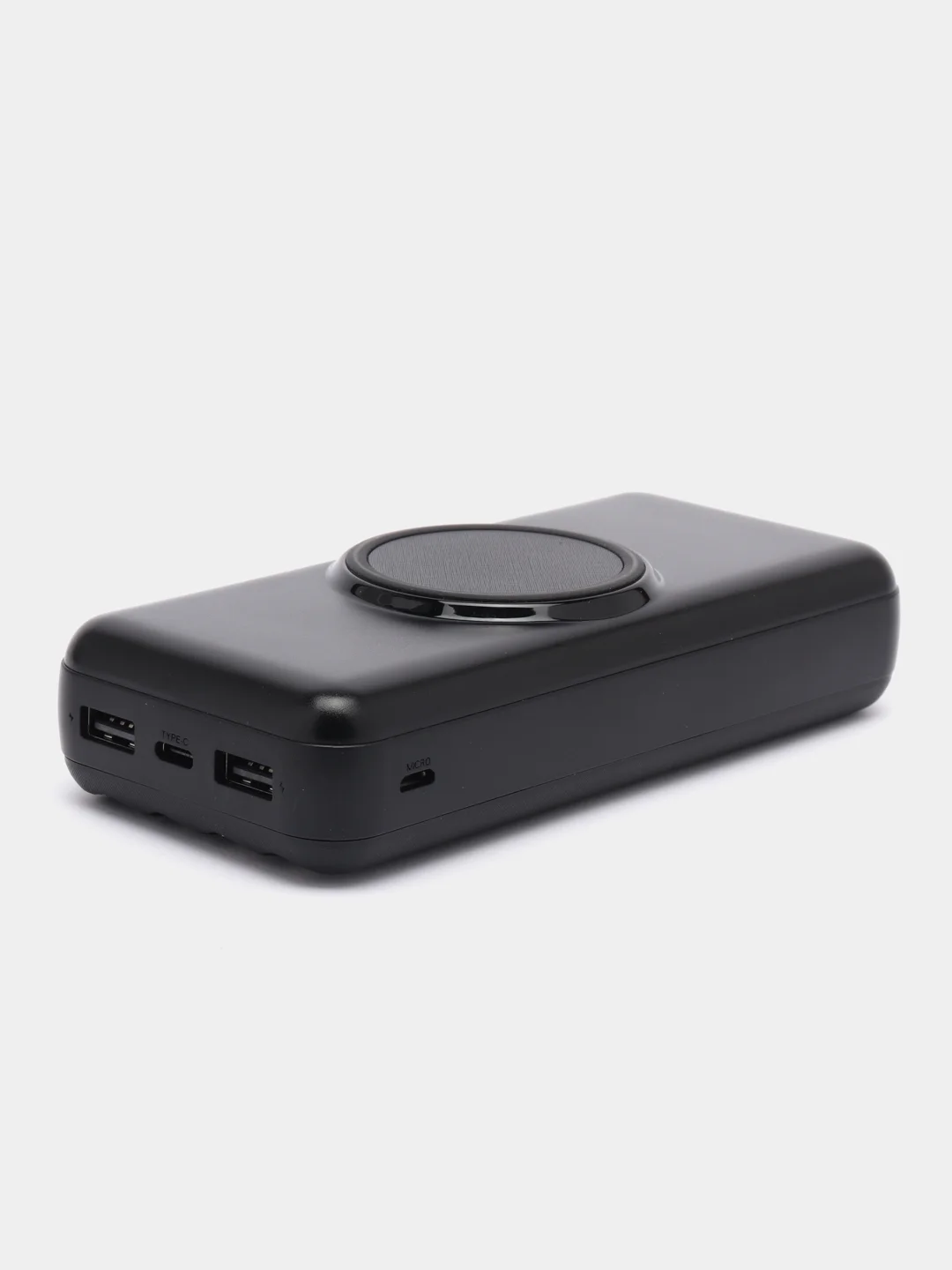 Черный внешний аккумулятор Power Bank с беспроводной зарядкой и встроенными кабелями