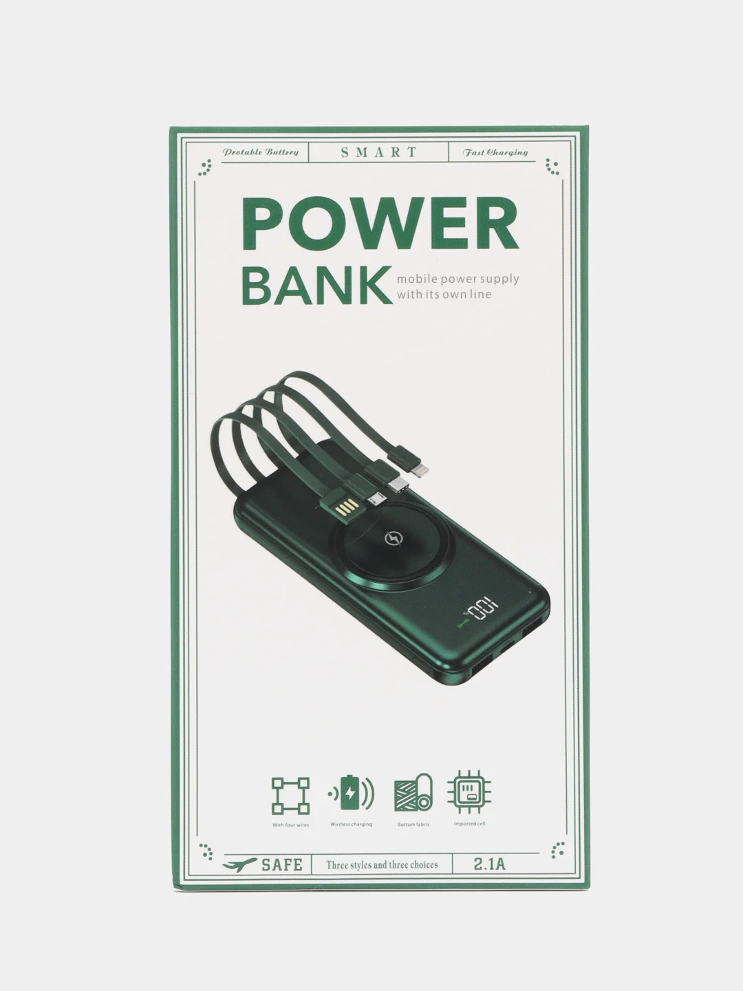 Черный внешний аккумулятор Power Bank с беспроводной зарядкой и встроенными кабелями