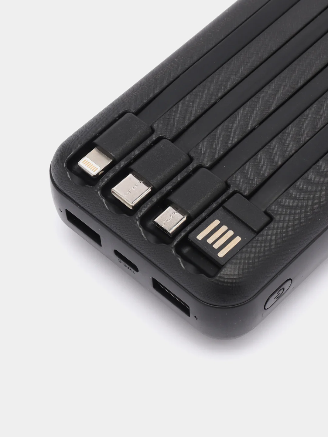 Черный внешний аккумулятор Power Bank с беспроводной зарядкой и встроенными кабелями