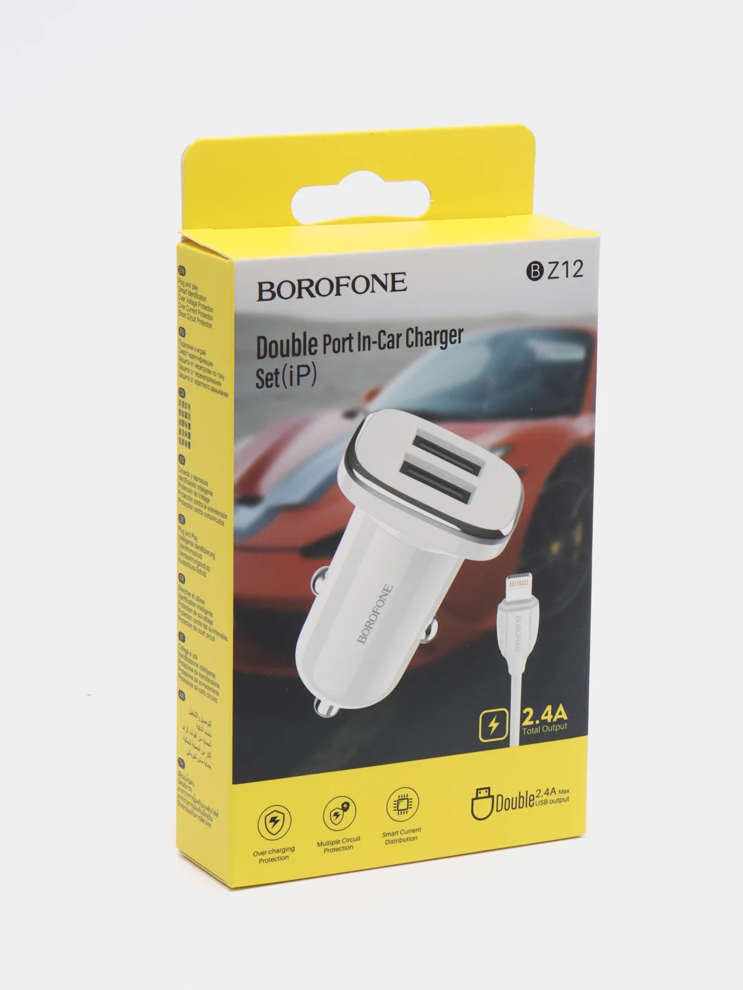 Белый автомобильная зарядка Borofone BZ12, Lightning, 2.4A
